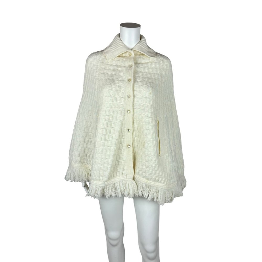 Vintage Pointelle Cape Fringe Acrylic Sweater Poncho Wintuck Boho